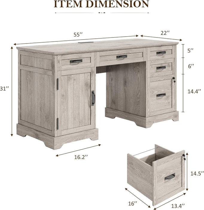 55'' Farmhouse Desk Home Office with Drawers, Executive Computer Desk Wooden with File Cabinet and Charging Station, White Wash Gray - ShipItFurniture