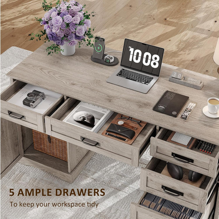 55'' Farmhouse Desk Home Office with Drawers, Executive Computer Desk Wooden with File Cabinet and Charging Station, White Wash Gray - ShipItFurniture