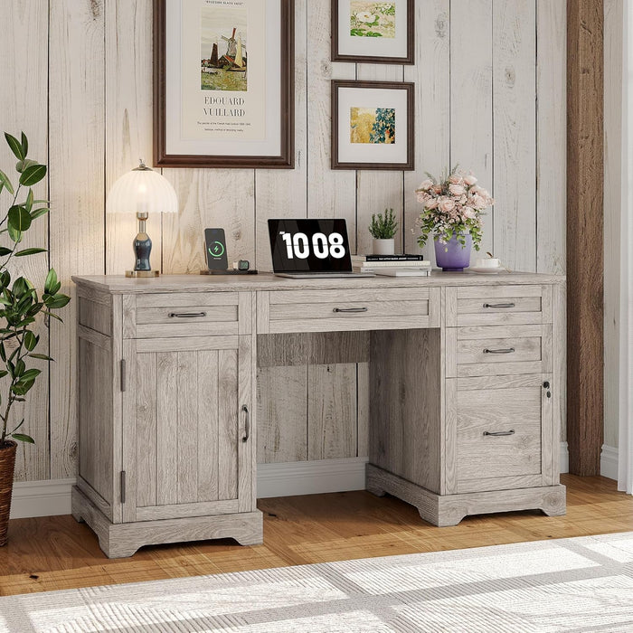 55'' Farmhouse Desk Home Office with Drawers, Executive Computer Desk Wooden with File Cabinet and Charging Station, White Wash Gray - ShipItFurniture