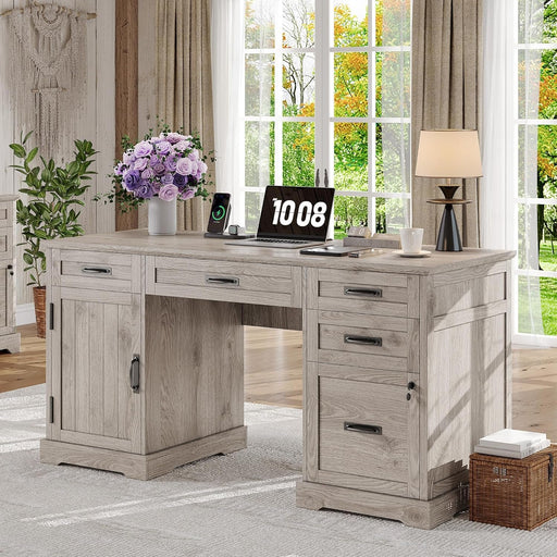 55'' Farmhouse Desk Home Office with Drawers, Executive Computer Desk Wooden with File Cabinet and Charging Station, White Wash Gray - ShipItFurniture