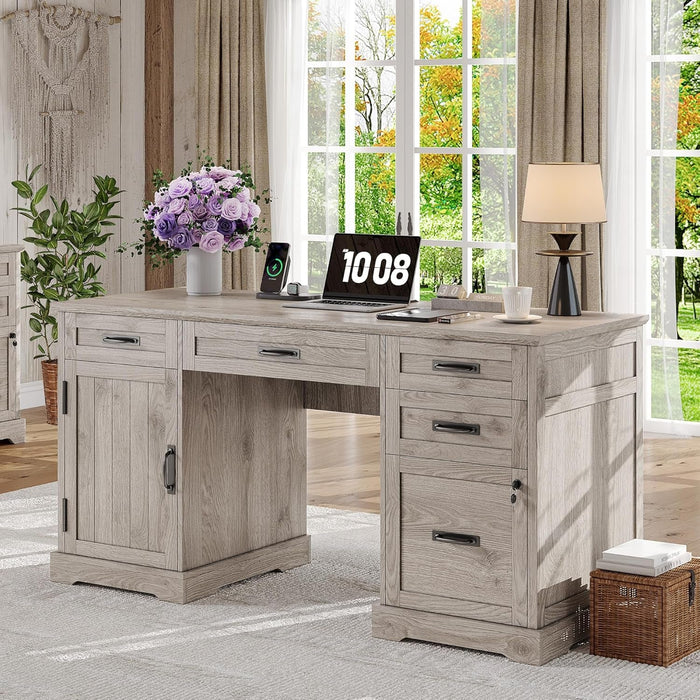 55'' Farmhouse Desk Home Office with Drawers, Executive Computer Desk Wooden with File Cabinet and Charging Station, White Wash Gray - ShipItFurniture