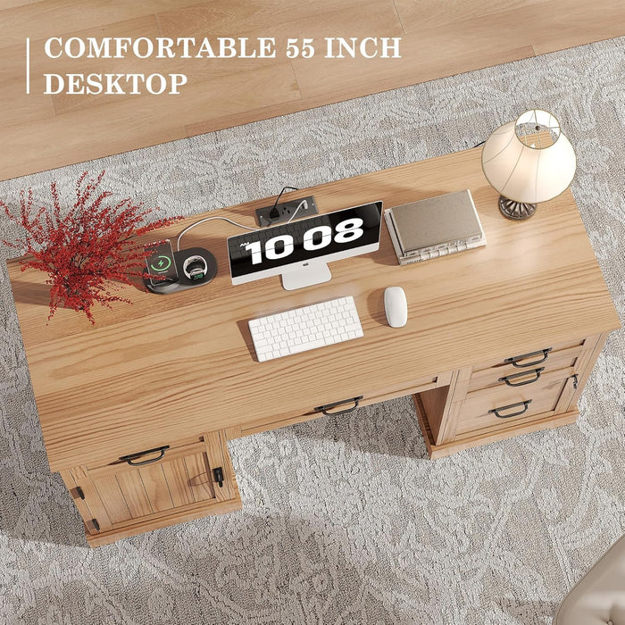 55'' Farmhouse Executive Desk, Home Office Desk with Drawers, Wood Computert Desk with File Cabinet and Power Outlets, Walnut - ShipItFurniture