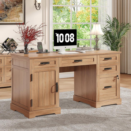 55'' Farmhouse Executive Desk, Home Office Desk with Drawers, Wood Computert Desk with File Cabinet and Power Outlets, Walnut - ShipItFurniture