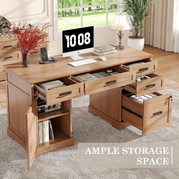 55'' Farmhouse Executive Desk, Home Office Desk with Drawers, Wood Computert Desk with File Cabinet and Power Outlets, Walnut - ShipItFurniture