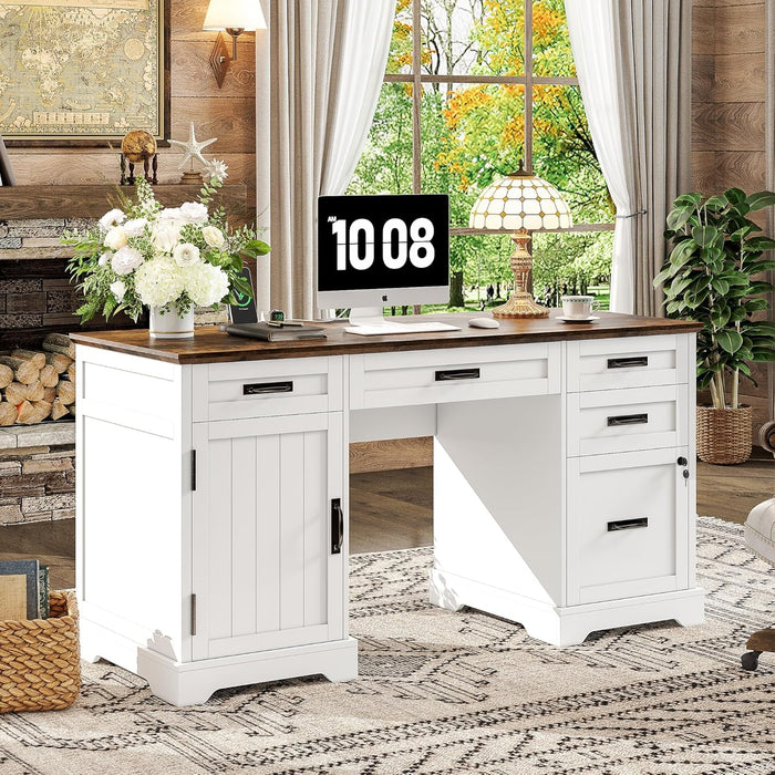 55'' Farmhouse Executive Desk with File Cabinet, Home Office Wood Computer Desk with Drawers and Power Outlets, White - ShipItFurniture