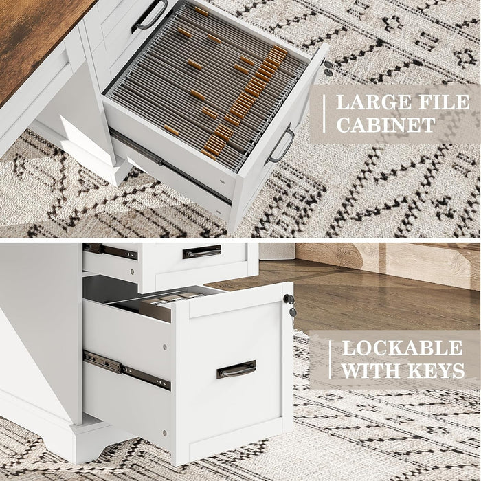 55'' Farmhouse Executive Desk with File Cabinet, Home Office Wood Computer Desk with Drawers and Power Outlets, White - ShipItFurniture