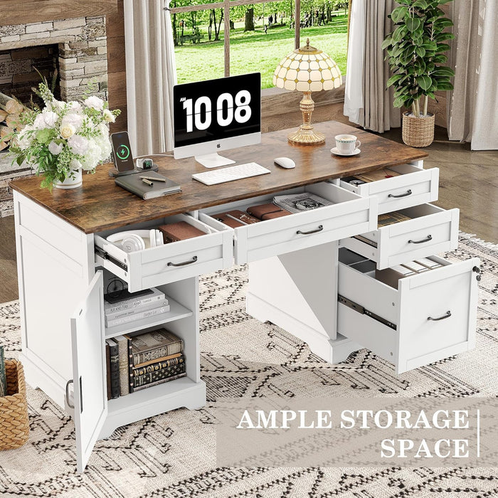 55'' Farmhouse Executive Desk with File Cabinet, Home Office Wood Computer Desk with Drawers and Power Outlets, White - ShipItFurniture