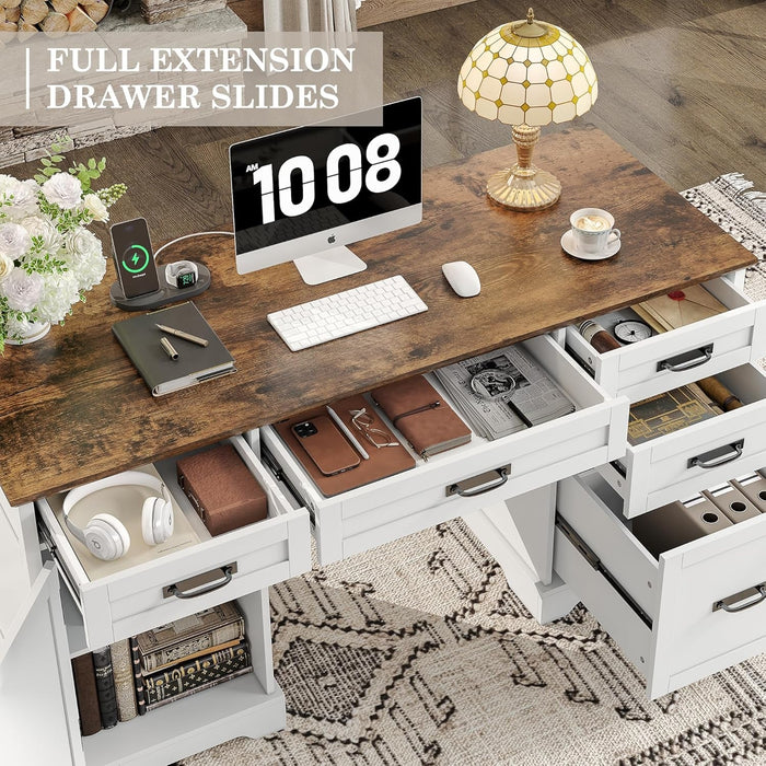 55'' Farmhouse Executive Desk with File Cabinet, Home Office Wood Computer Desk with Drawers and Power Outlets, White - ShipItFurniture