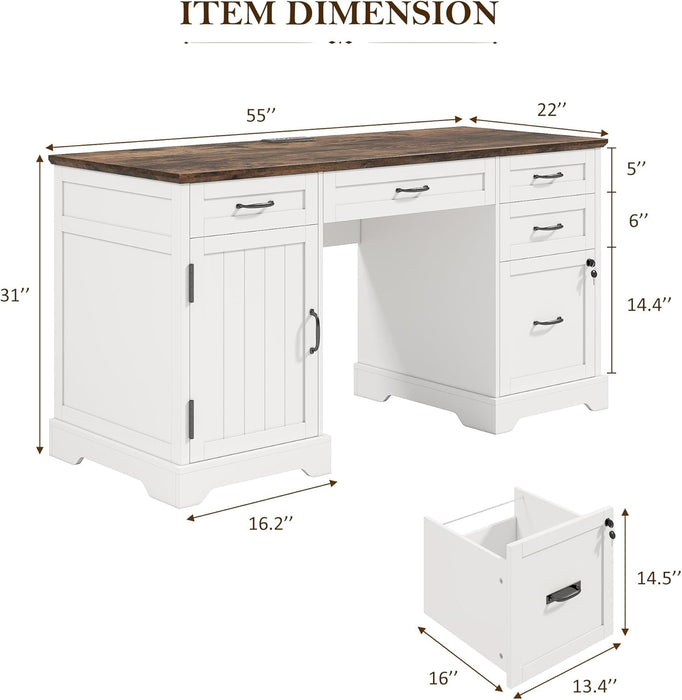 55'' Farmhouse Executive Desk with File Cabinet, Home Office Wood Computer Desk with Drawers and Power Outlets, White - ShipItFurniture