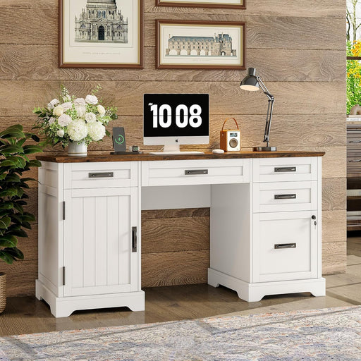 55'' Farmhouse Executive Desk with File Cabinet, Home Office Wood Computer Desk with Drawers and Power Outlets, White - ShipItFurniture