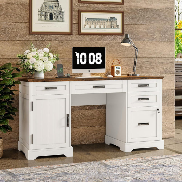 55'' Farmhouse Executive Desk with File Cabinet, Home Office Wood Computer Desk with Drawers and Power Outlets, White - ShipItFurniture