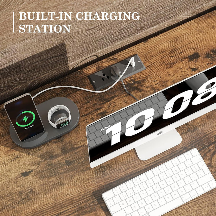 55'' Farmhouse Executive Desk with File Cabinet, Home Office Wood Computer Desk with Drawers and Power Outlets, White - ShipItFurniture