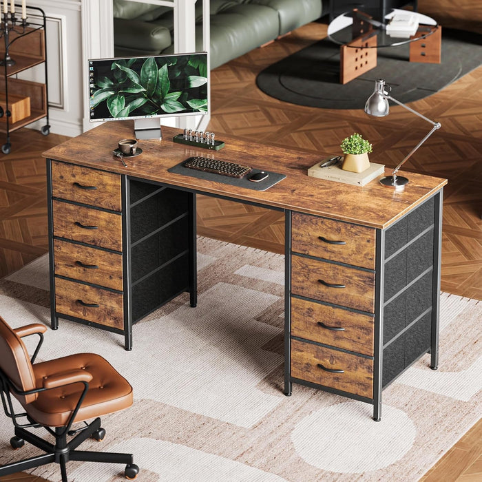 55 Inch Computer Desk with 8 Fabric Drawers, Office Desk Work Desk for Home Office, Study, Gaming Desk with Drawers, Large Storage, Rustic Brown - ShipItFurniture