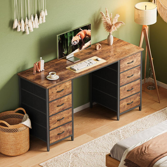 55 Inch Computer Desk with 8 Fabric Drawers, Office Desk Work Desk for Home Office, Study, Gaming Desk with Drawers, Large Storage, Rustic Brown - ShipItFurniture