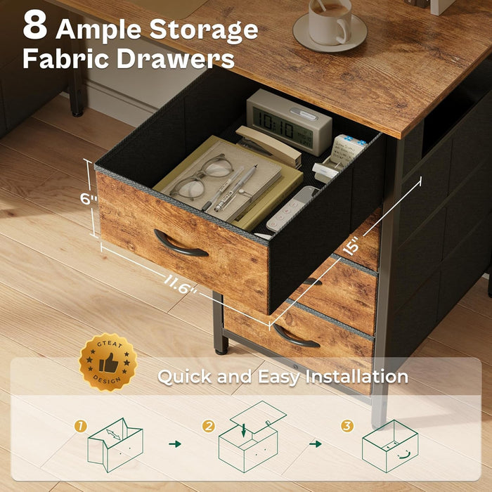 55 Inch Computer Desk with 8 Fabric Drawers, Office Desk Work Desk for Home Office, Study, Gaming Desk with Drawers, Large Storage, Rustic Brown - ShipItFurniture
