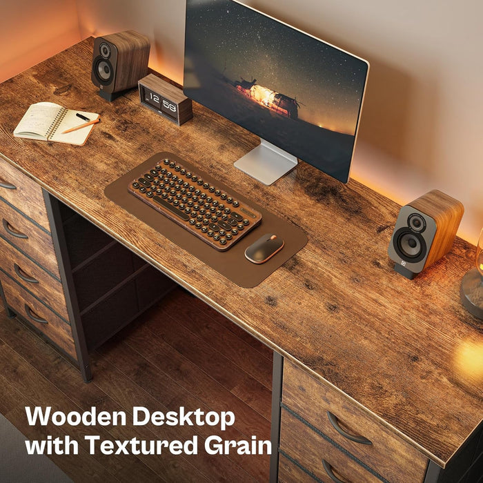 55 Inch Computer Desk with 8 Fabric Drawers, Office Desk Work Desk for Home Office, Study, Gaming Desk with Drawers, Large Storage, Rustic Brown - ShipItFurniture