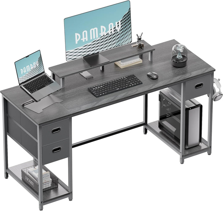 55 Inch Computer Desk with Non - Woven Storage Drawers and Monitor Stand Home Office Desk for Bedroom Study Table Writing and Work Desk Espresso Gray - ShipItFurniture