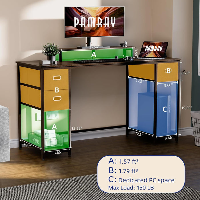 55 Inch Computer Desk with Non - Woven Storage Drawers and Monitor Stand Home Office Desk for Bedroom Study Table Writing and Work Desk Espresso Gray - ShipItFurniture