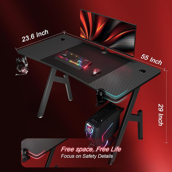 55 Inch Gaming Desk with Carbon Fibre Surface Features - ShipItFurniture