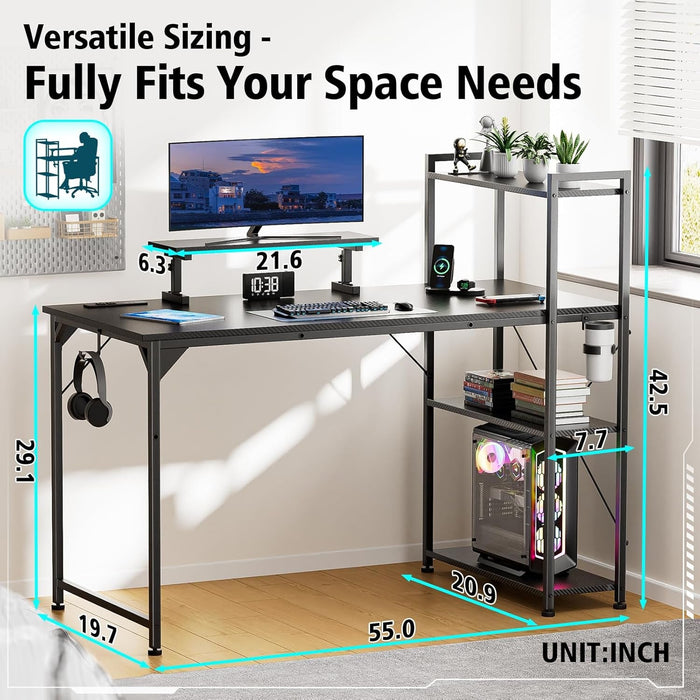 55 Inch Gaming Desk With LED Lights And Shelves - ShipItFurniture