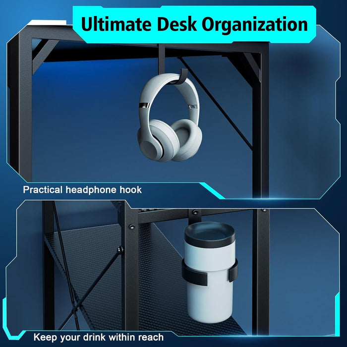 55 Inch Gaming Desk With LED Lights And Shelves - ShipItFurniture