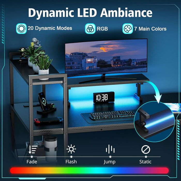 55 Inch Gaming Desk With LED Lights And Shelves - ShipItFurniture