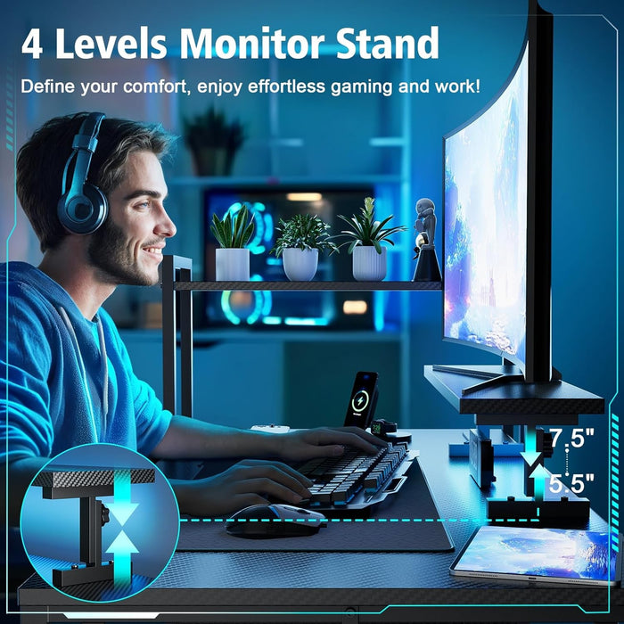 55 Inch Gaming Desk With LED Lights And Shelves - ShipItFurniture