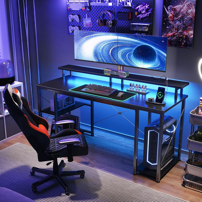 55 Inch Gaming Desk with LED Lights & Power Outlets, Computer Desk with Monitor Stand & Storage Shelves, CPU Stand, Home Office Desk, Black - ShipItFurniture