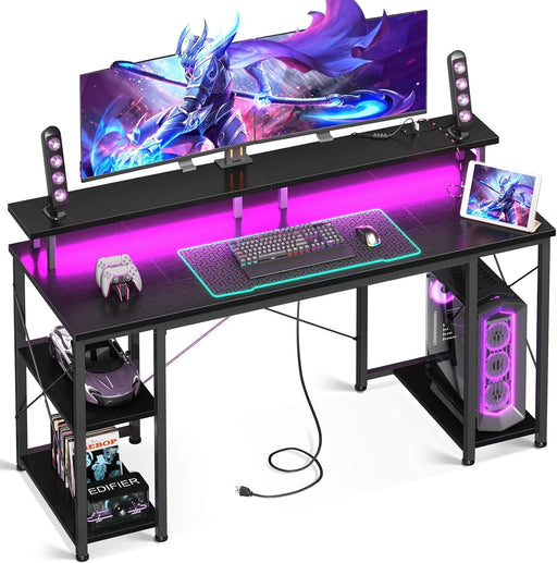 55 Inch Gaming Desk with LED Lights & Power Outlets, Computer Desk with Monitor Stand & Storage Shelves, CPU Stand, Home Office Desk, Black - ShipItFurniture