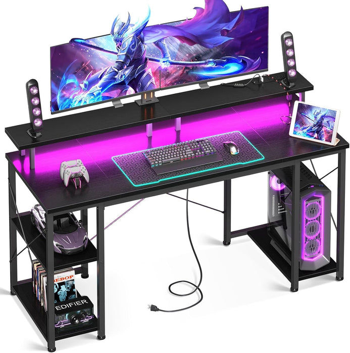 55 Inch Gaming Desk with LED Lights & Power Outlets, Computer Desk with Monitor Stand & Storage Shelves, CPU Stand, Home Office Desk, Black - ShipItFurniture