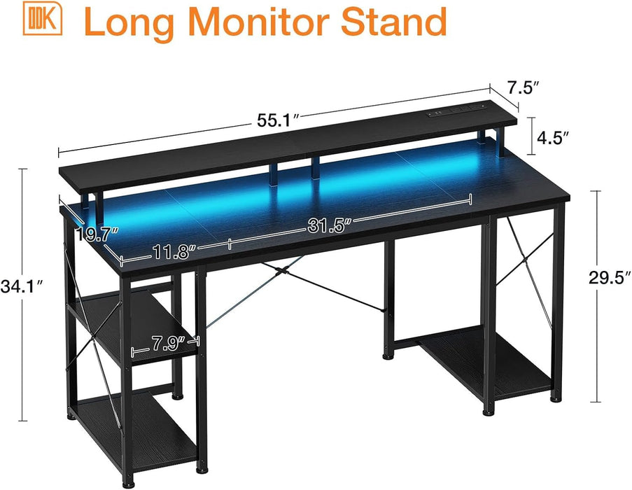 55 Inch Gaming Desk with LED Lights & Power Outlets, Computer Desk with Monitor Stand & Storage Shelves, CPU Stand, Home Office Desk, Black - ShipItFurniture