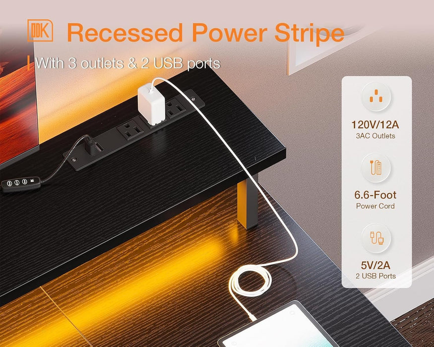 55 Inch Gaming Desk with LED Lights & Power Outlets, Computer Desk with Monitor Stand & Storage Shelves, CPU Stand, Home Office Desk, Black - ShipItFurniture