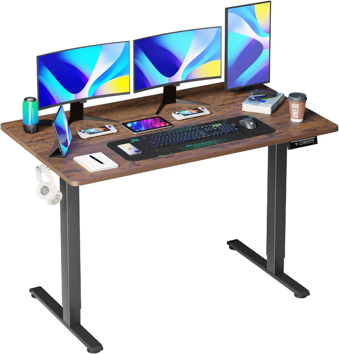 55 Inch Height Adjustable Gaming Desk Electric Standing Desk That Raises up and down Modern Computer Table with Electric Lifting Headphone Hook, Brown - ShipItFurniture