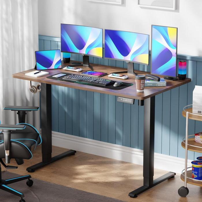 55 Inch Height Adjustable Gaming Desk Electric Standing Desk That Raises up and down Modern Computer Table with Electric Lifting Headphone Hook, Brown - ShipItFurniture