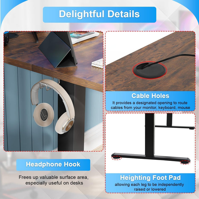 55 Inch Height Adjustable Gaming Desk Electric Standing Desk That Raises up and down Modern Computer Table with Electric Lifting Headphone Hook, Brown - ShipItFurniture