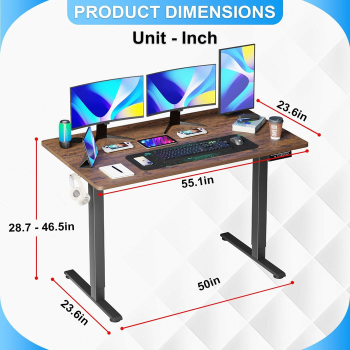 55 Inch Height Adjustable Gaming Desk Electric Standing Desk That Raises up and down Modern Computer Table with Electric Lifting Headphone Hook, Brown - ShipItFurniture