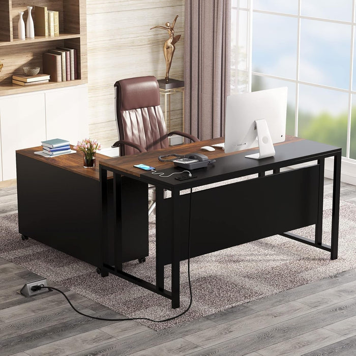55'' Large Executive Desk with Lateral File Cabinet,Brown - ShipItFurniture