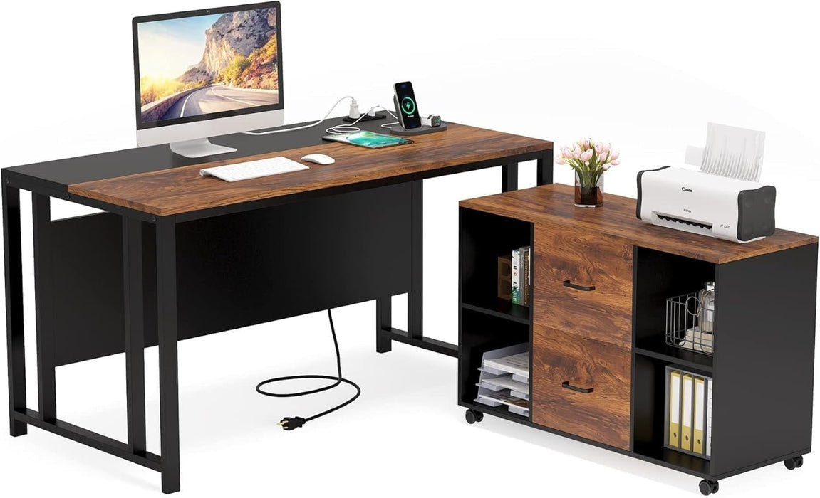 55'' Large Executive Desk with Lateral File Cabinet,Brown - ShipItFurniture