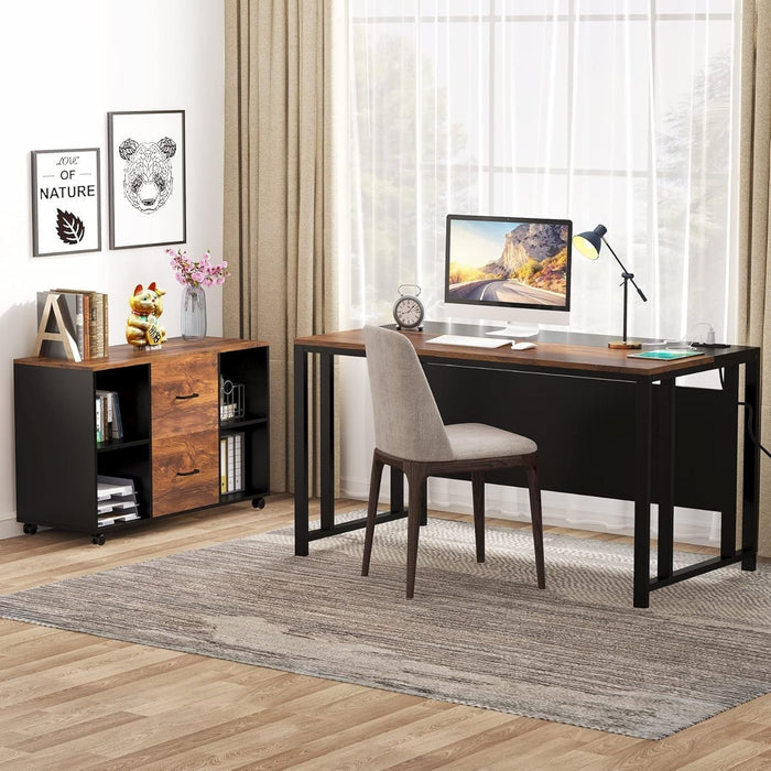 55'' Large Executive Desk with Lateral File Cabinet,Brown - ShipItFurniture