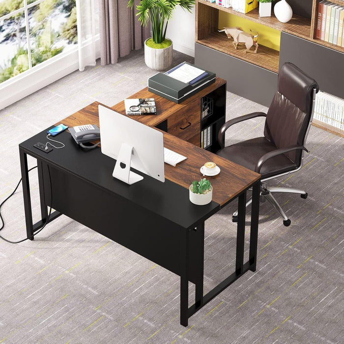 55'' Large Executive Desk with Lateral File Cabinet,Brown - ShipItFurniture