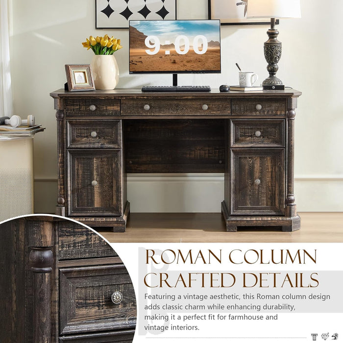 55'' Wood Executive Desk with 7 Drawers - Farmhouse Home Office Desks with Storage & Power Outlet, Wooden Computer Desk with Roman Columns, Writing Table for Work & Study, Dark Reclaimed Oak - ShipItFurniture