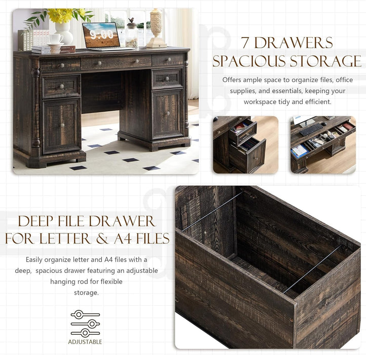 55'' Wood Executive Desk with 7 Drawers - Farmhouse Home Office Desks with Storage & Power Outlet, Wooden Computer Desk with Roman Columns, Writing Table for Work & Study, Dark Reclaimed Oak - ShipItFurniture