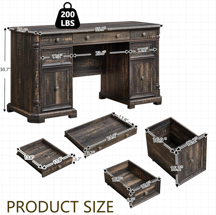 55'' Wood Executive Desk with 7 Drawers - Farmhouse Home Office Desks with Storage & Power Outlet, Wooden Computer Desk with Roman Columns, Writing Table for Work & Study, Dark Reclaimed Oak - ShipItFurniture