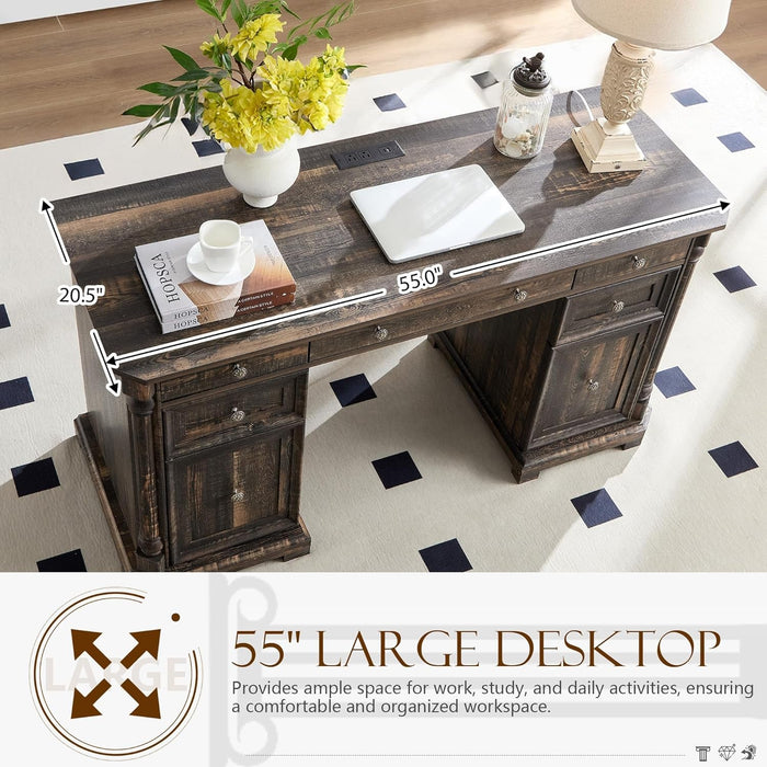 55'' Wood Executive Desk with 7 Drawers - Farmhouse Home Office Desks with Storage & Power Outlet, Wooden Computer Desk with Roman Columns, Writing Table for Work & Study, Dark Reclaimed Oak - ShipItFurniture