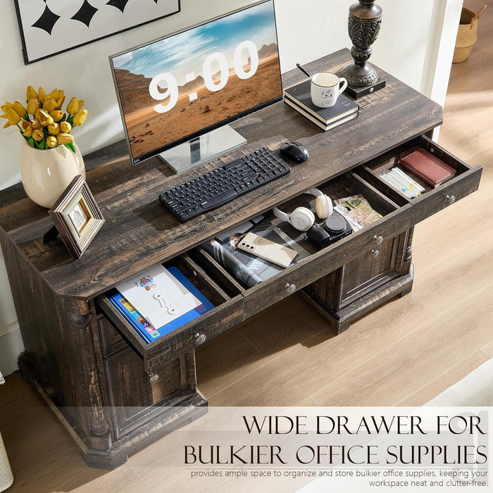55'' Wood Executive Desk with 7 Drawers - Farmhouse Home Office Desks with Storage & Power Outlet, Wooden Computer Desk with Roman Columns, Writing Table for Work & Study, Dark Reclaimed Oak - ShipItFurniture