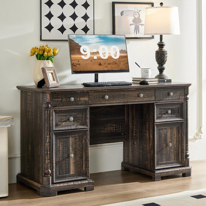 55'' Wood Executive Desk with 7 Drawers - Farmhouse Home Office Desks with Storage & Power Outlet, Wooden Computer Desk with Roman Columns, Writing Table for Work & Study, Dark Reclaimed Oak - ShipItFurniture