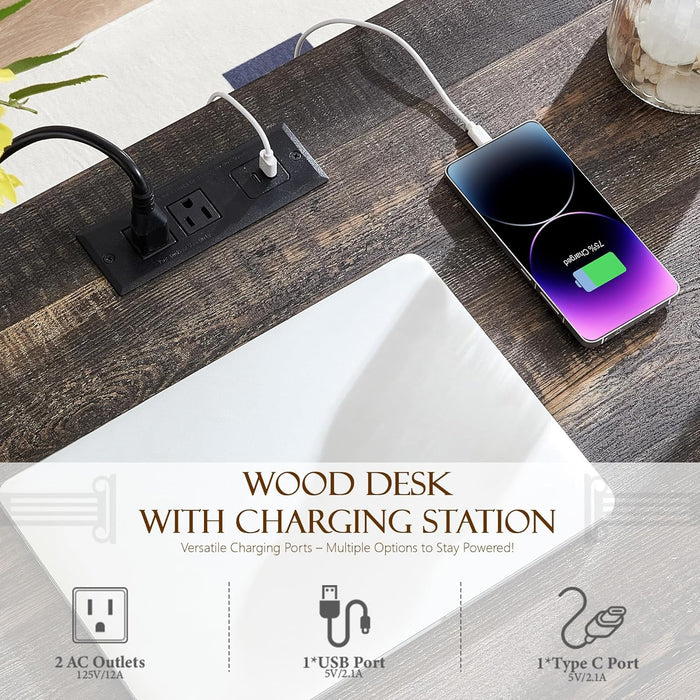 55'' Wood Executive Desk with 7 Drawers - Farmhouse Home Office Desks with Storage & Power Outlet, Wooden Computer Desk with Roman Columns, Writing Table for Work & Study, Dark Reclaimed Oak - ShipItFurniture