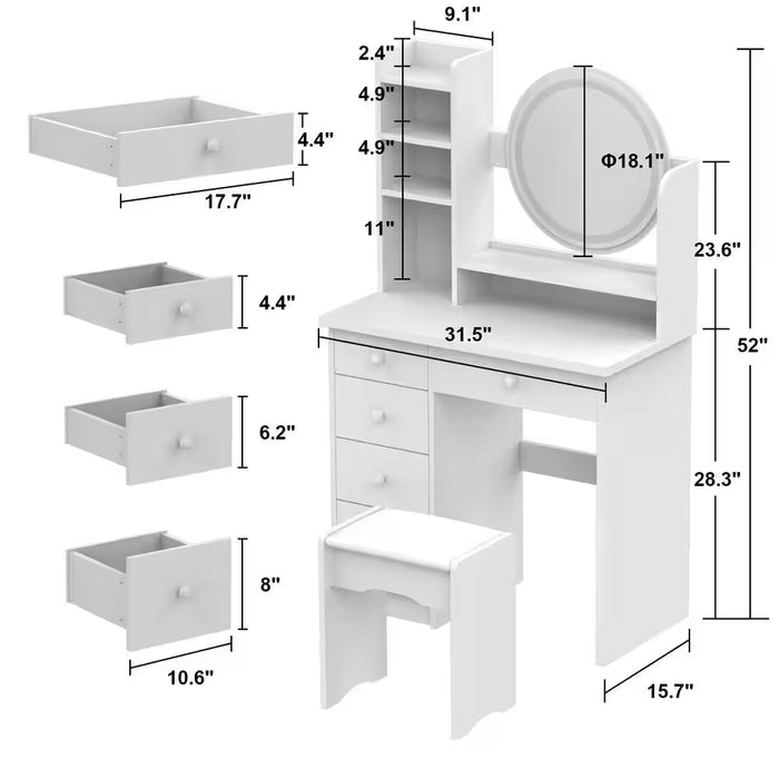 5-Drawers White Wood Makeup Vanity Set Dressing Desk W/ Stool, LED round Mirror and Storage Shelves 52X 31.5X 15.7 In.