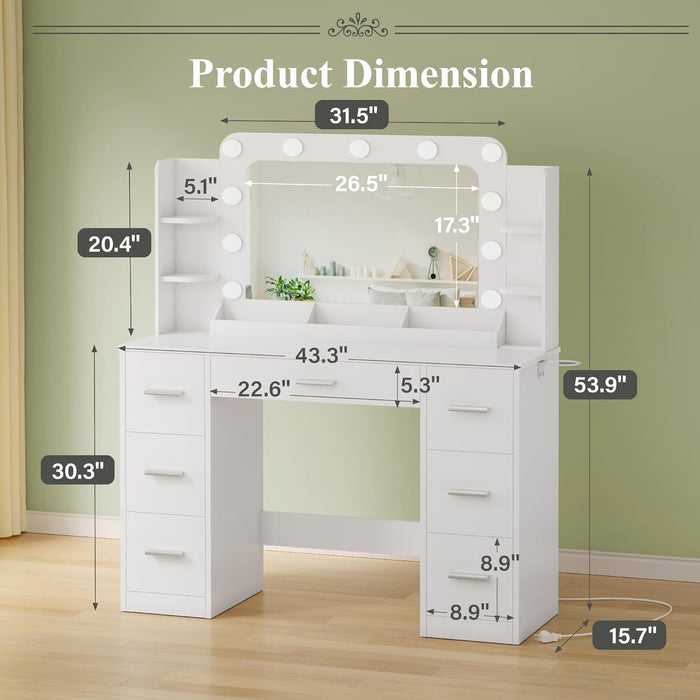 Makeup Vanity Desk with Large Mirror and Lights, Vanity with Power Strip and Hairdryer Holder, 6 Open Shelves and 7 Drawers Modern Dressing Table, for Bedroom (White)