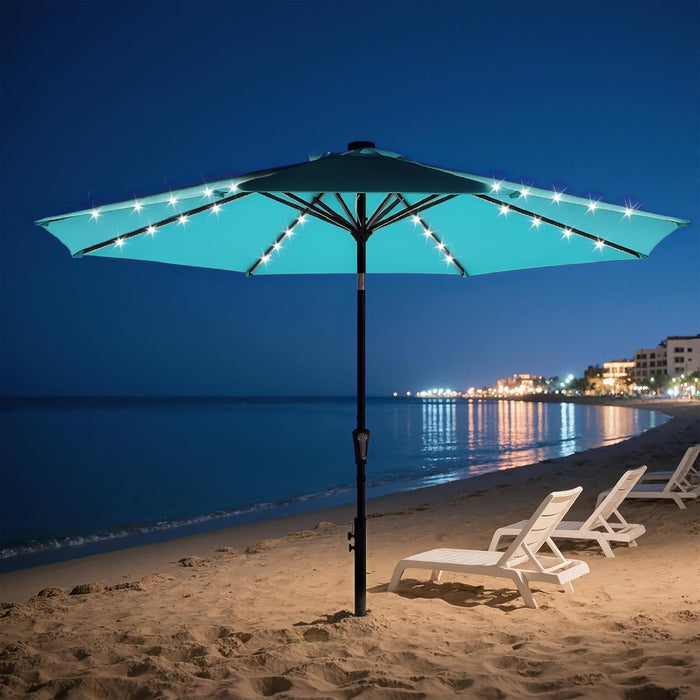 Outdoor Solar Patio Umbrella with 32 LED Lights, Beach Market Table Umbrella with Crank and 8 Sturdy Ribs for Pool, Terrace, Restaurant